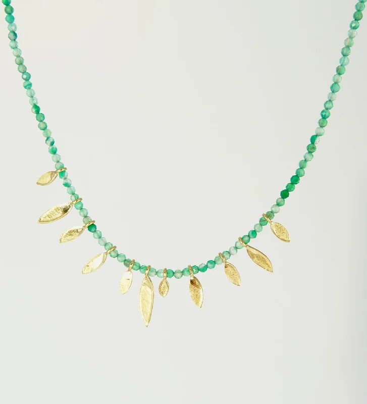 Women’s pearl choker necklaces-Green Onyx and Gold Leaves Necklace