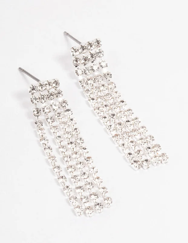 Women’s ear cuffs-Silver Four Diamante Cupchain Drop Earrings