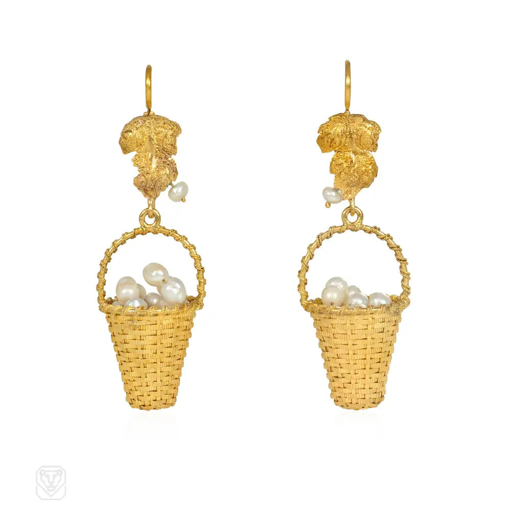 Women’s luxury diamond earrings-Antique gold and pearl egg basket earrings