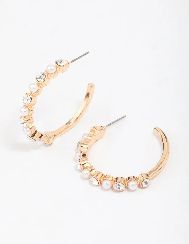 Women’s gold drop earrings-Gold Pearl Diamante Encased Hoop Earrings