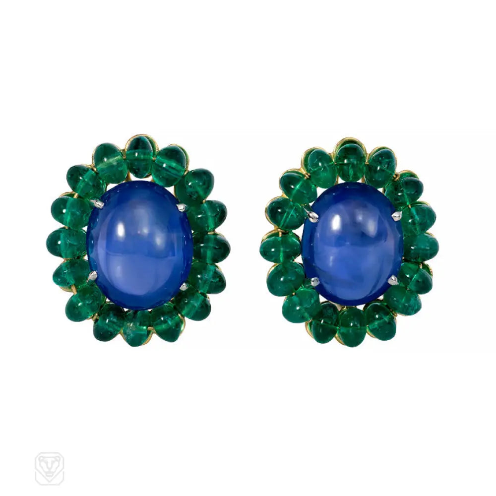 Women’s sapphire earrings-Estate sapphire and emerald cluster clip earrings