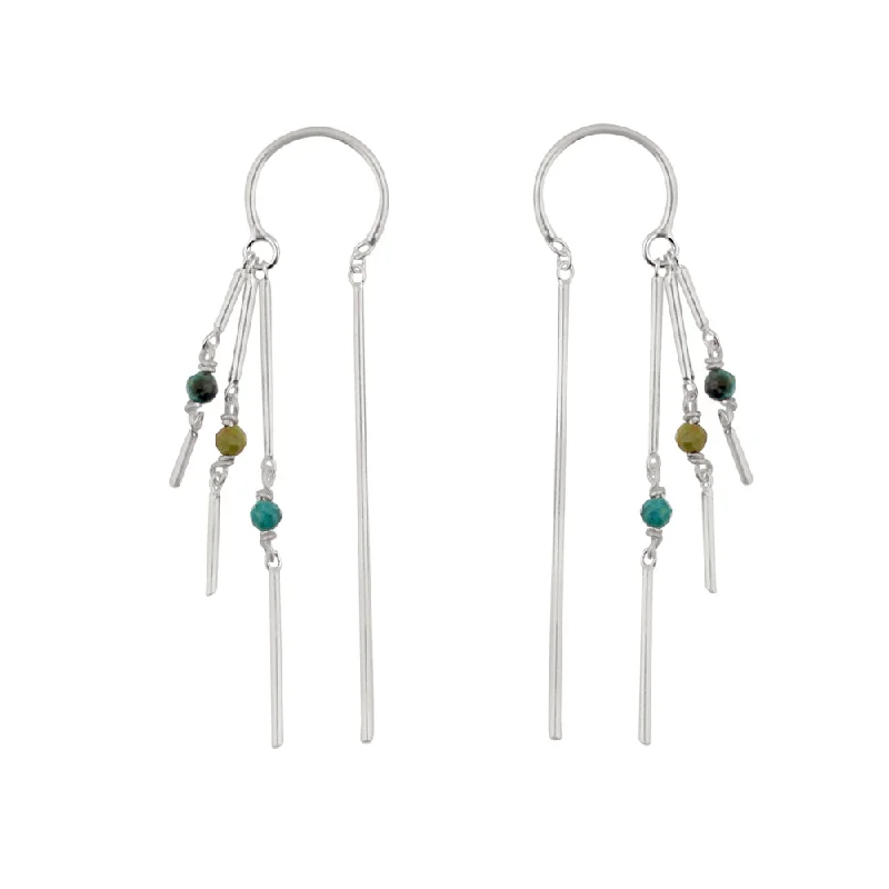 Women’s glamorous earrings-Stone Fringe Dancer Threaders - Silver/Turquoise