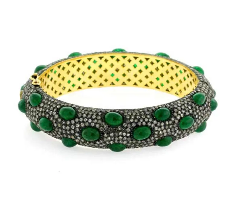 Women’s casual bracelets-Emerald Cabochon and Pave Bangle