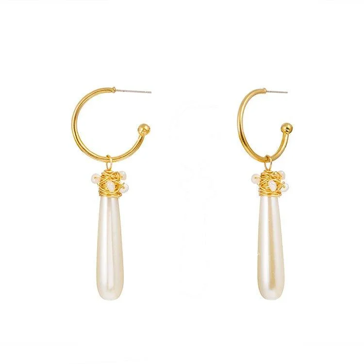 Women’s vintage pearl earrings-Hoop Dangle Earring with Fax Pearl