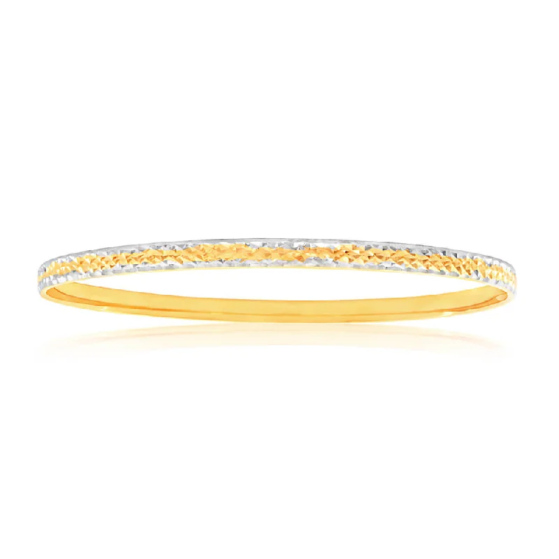 Women’s trendy gold bangles-9ct Yellow Gold & Rhodium Gold Bangle with diamond cutting