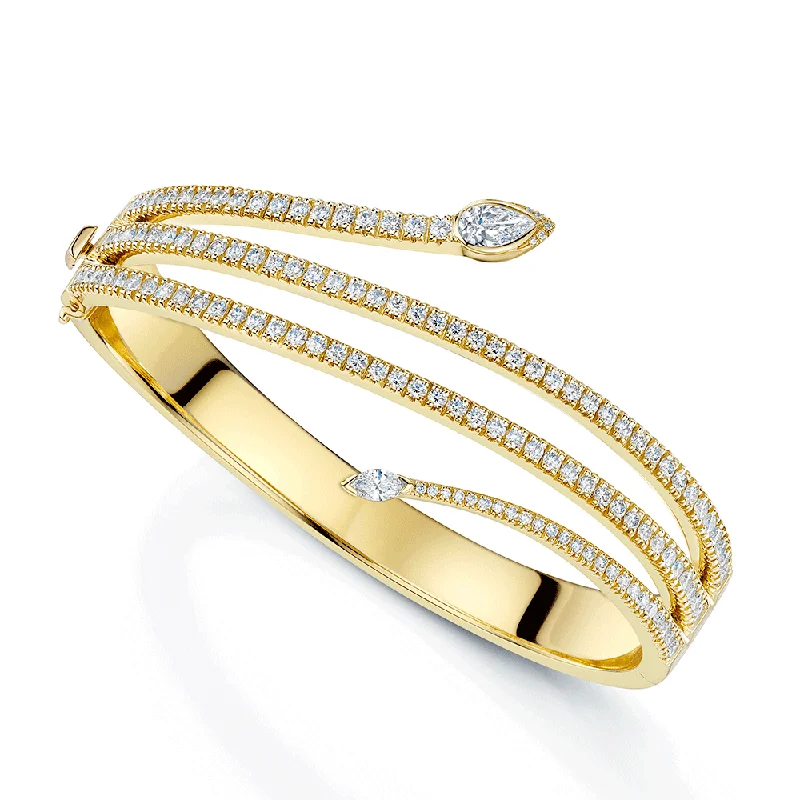 Women’s unique bangles-18ct Yellow Gold Serpente Pear, Marquise & Round Brilliant Cut Diamond Spiral Pave Bangle