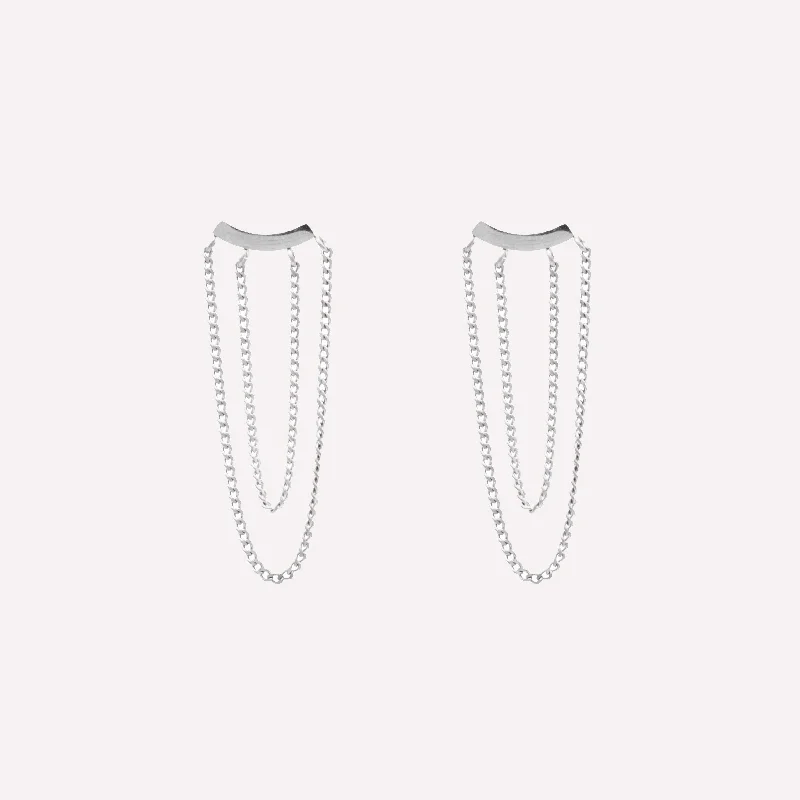 Women’s luxury diamond earrings-DOUBLE CHAIN DANGLE CLIP-ON EARRINGS IN SILVER