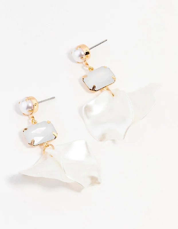 Women’s crystal earrings-Gold  Diamante Pearl Petal Drop Earrings