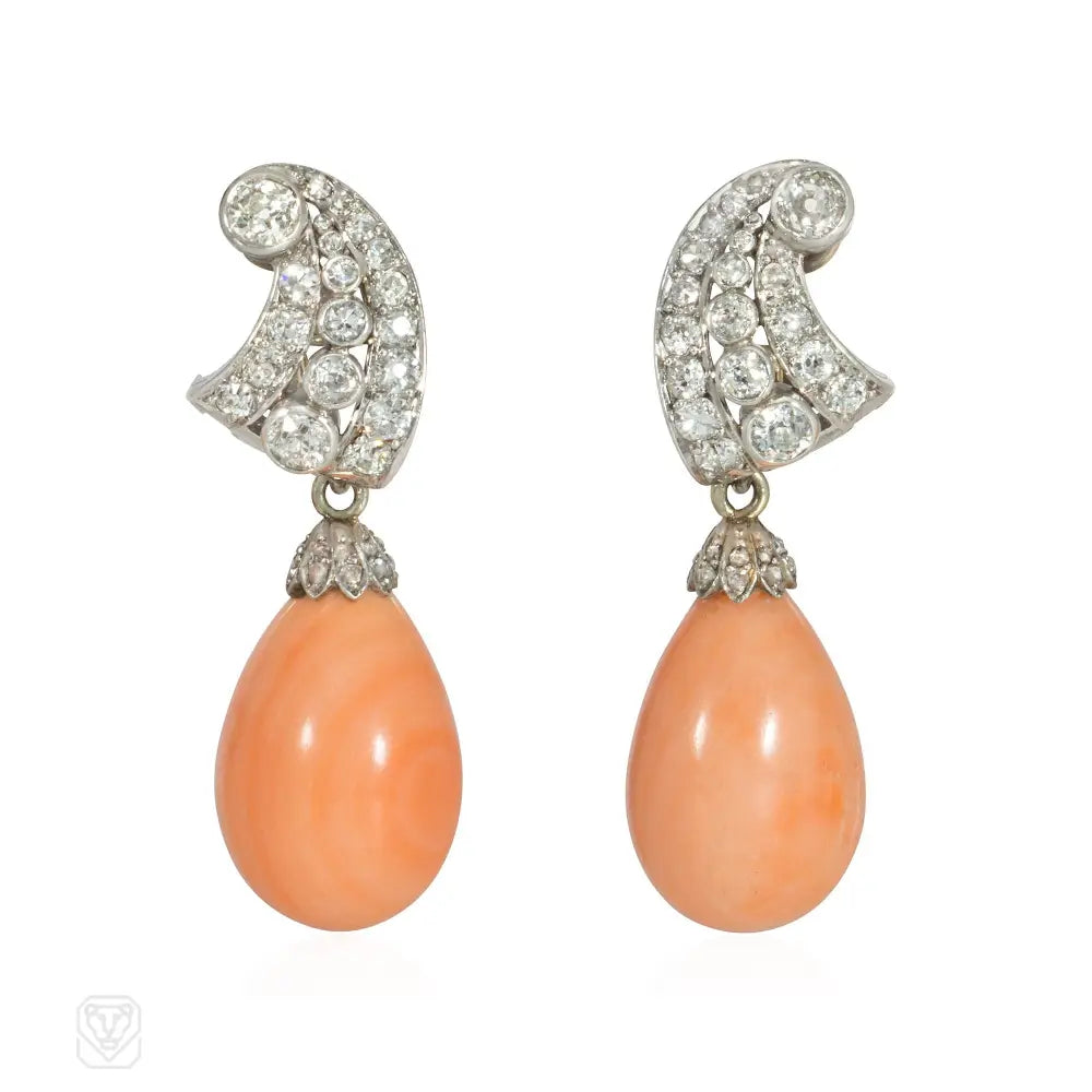 Women’s bridal drop earrings-Retro angel skin coral and diamond earrings