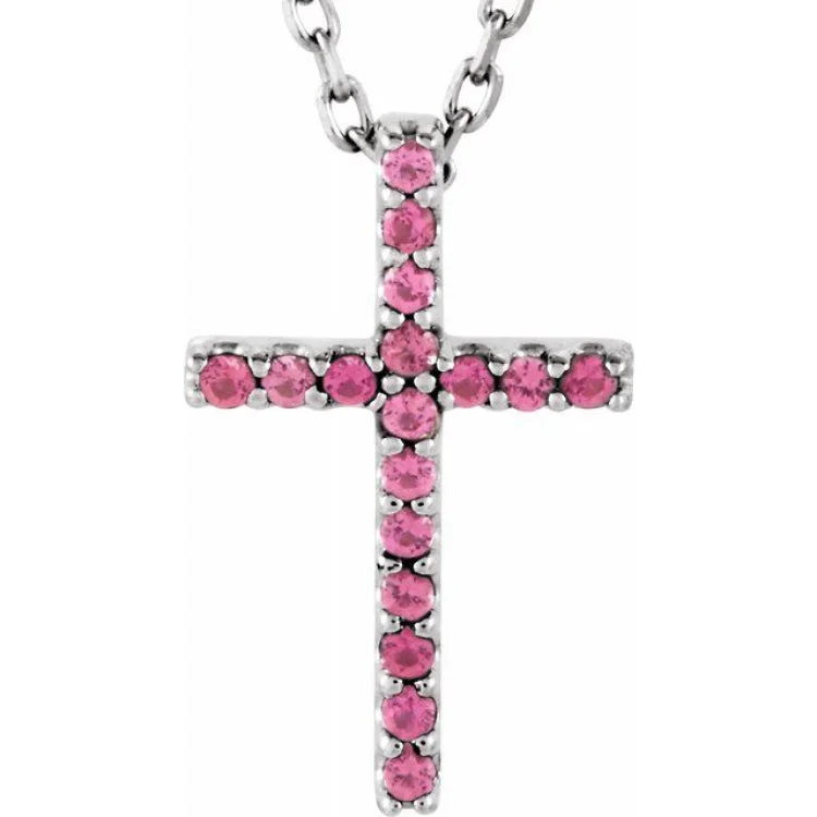 Women’s gemstone necklaces-14K White Natural Pink Tourmaline Petite Cross 16" Necklace