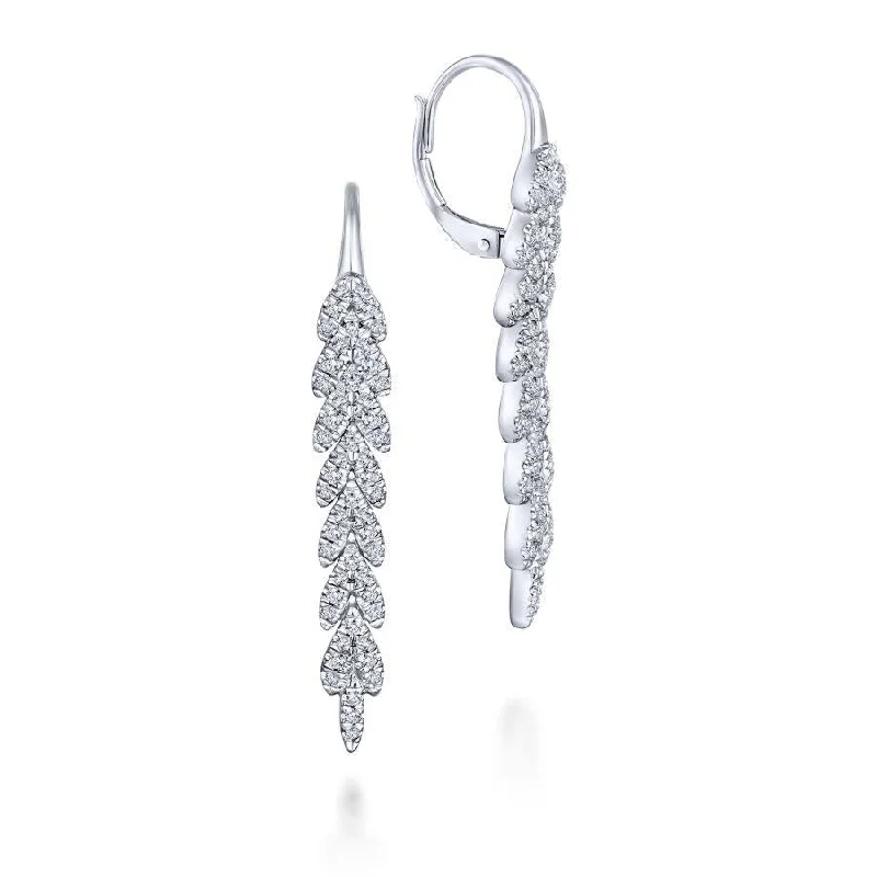 Women’s leaf drop earrings-14K White Gold Elongated Vertical Diamond Branch Drop Earrings