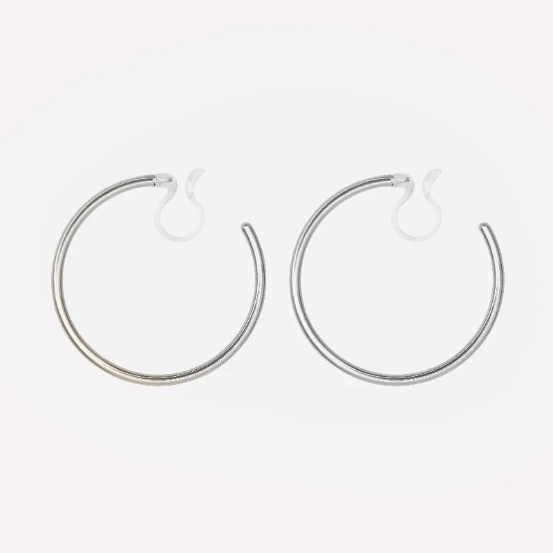 Women’s pearl drop earrings-MEDIUM HOOP CLIP-ON EARRINGS IN SILVER