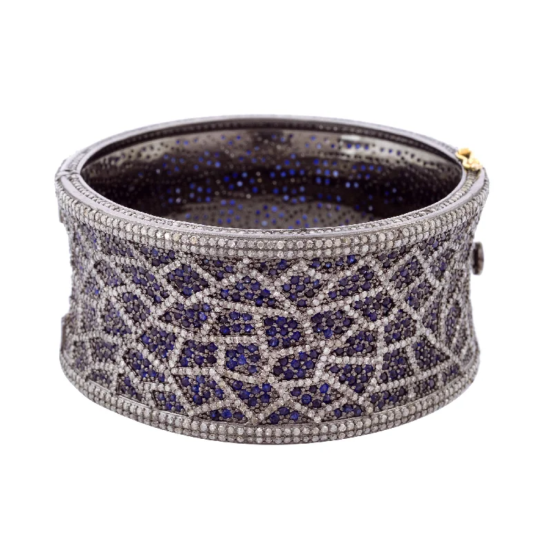 Women’s gold-plated bracelets-Mosaic Sapphire and Diamond Pave Bangle