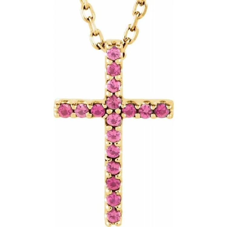 Women’s infinity pendant necklaces-14K Yellow Natural Pink Tourmaline Petite Cross 16" Necklace