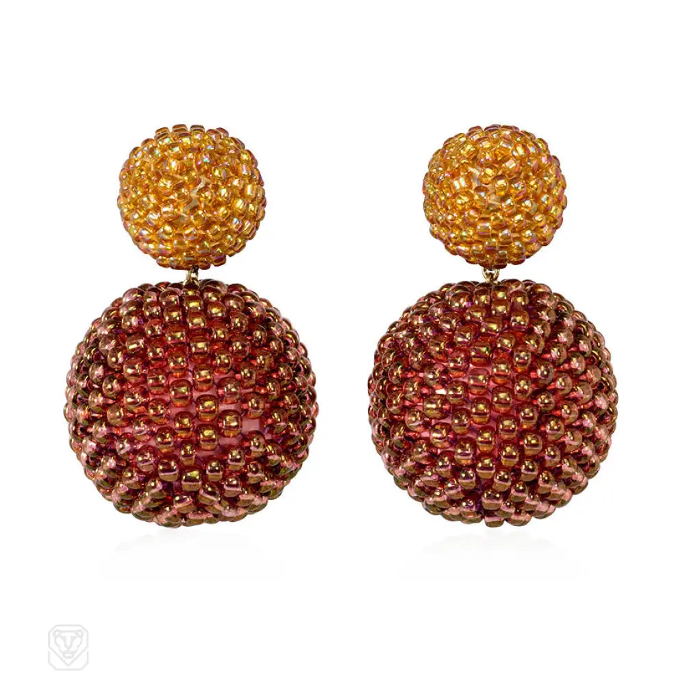 Women’s statement stud earrings-Glass beaded ball earrings in amber and plum luster