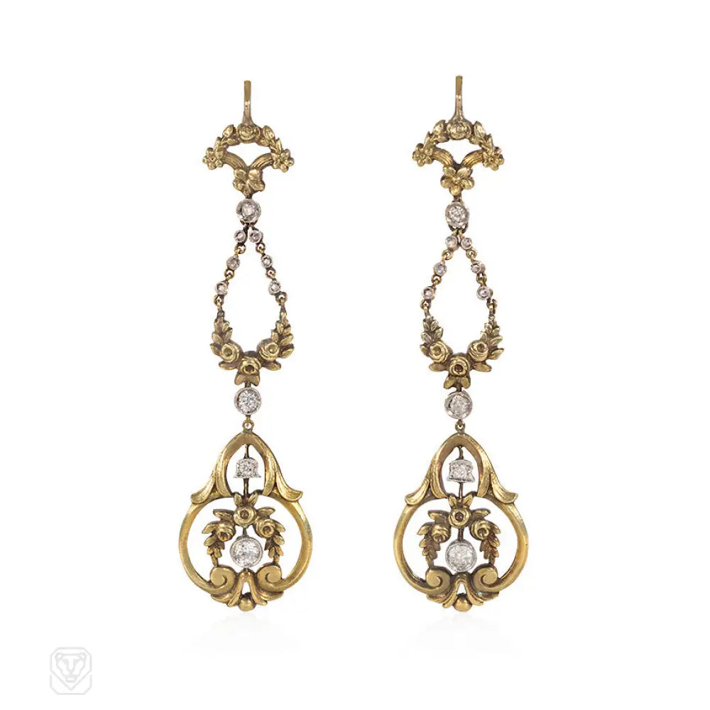 Women’s gold hoop earrings-Antique French gold and diamond garland earrings