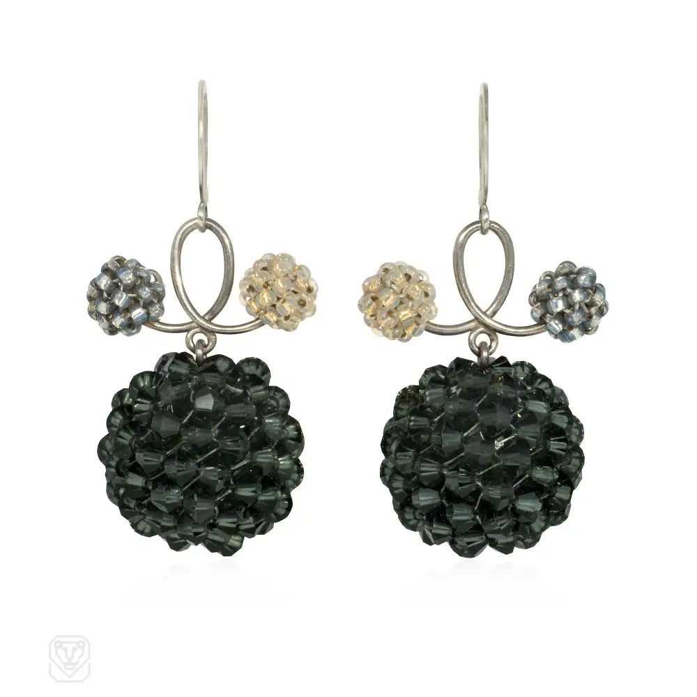 Women’s infinity earrings-Glass, crystal, and white gold beaded ball earrings with loop design