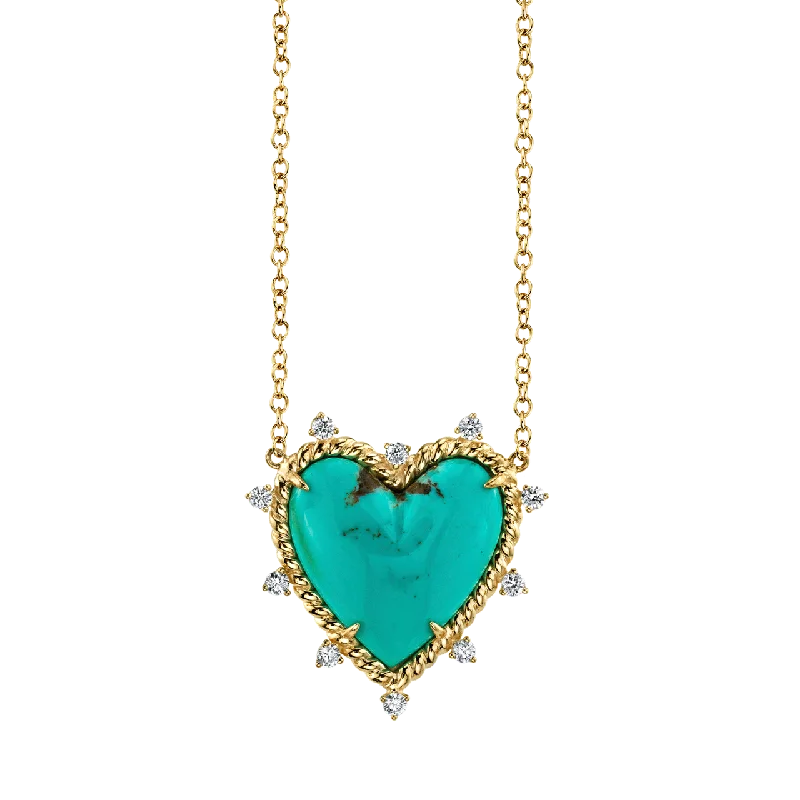 Women’s choker necklace with diamonds-Heart Twist Necklace - White Diamond and Turquoise / 14k Yellow Gold