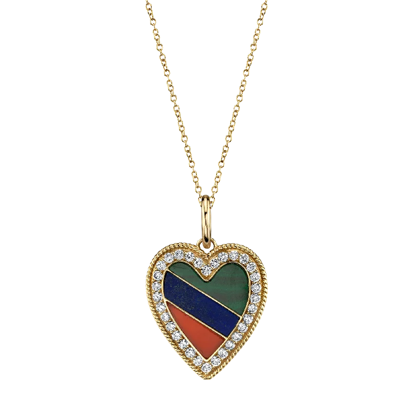 Women’s adjustable silver necklaces-Heart Pendant - White Diamond and Tri Color / 14k Yellow Gold