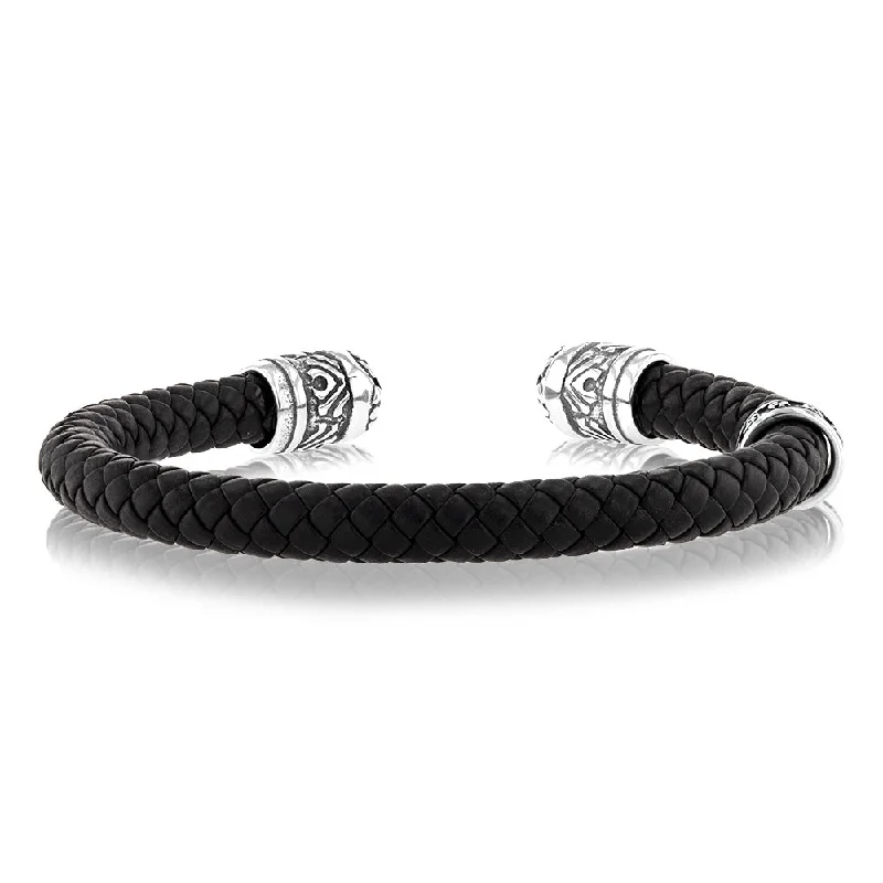 Women’s crystal bracelets-Stainless Steel Black Leather And Oxidized Open Bangle