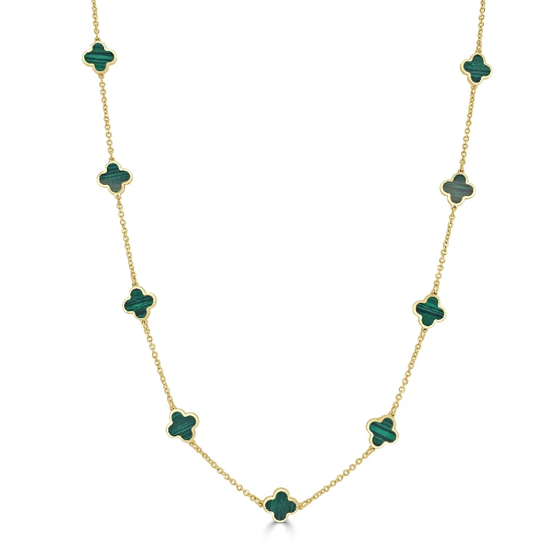 Women’s multi-colored gemstone necklaces-14k Gold & Malachite Clover Necklace