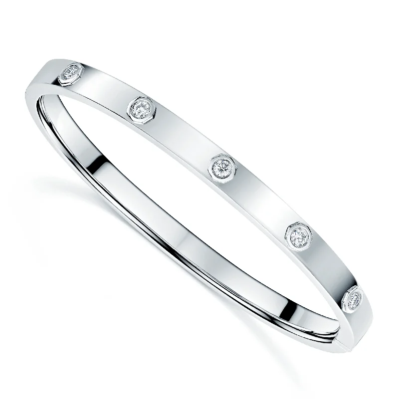 Women’s stacking bracelets-Platinum Round Brilliant Cut Diamond Rub Over Set Bangle