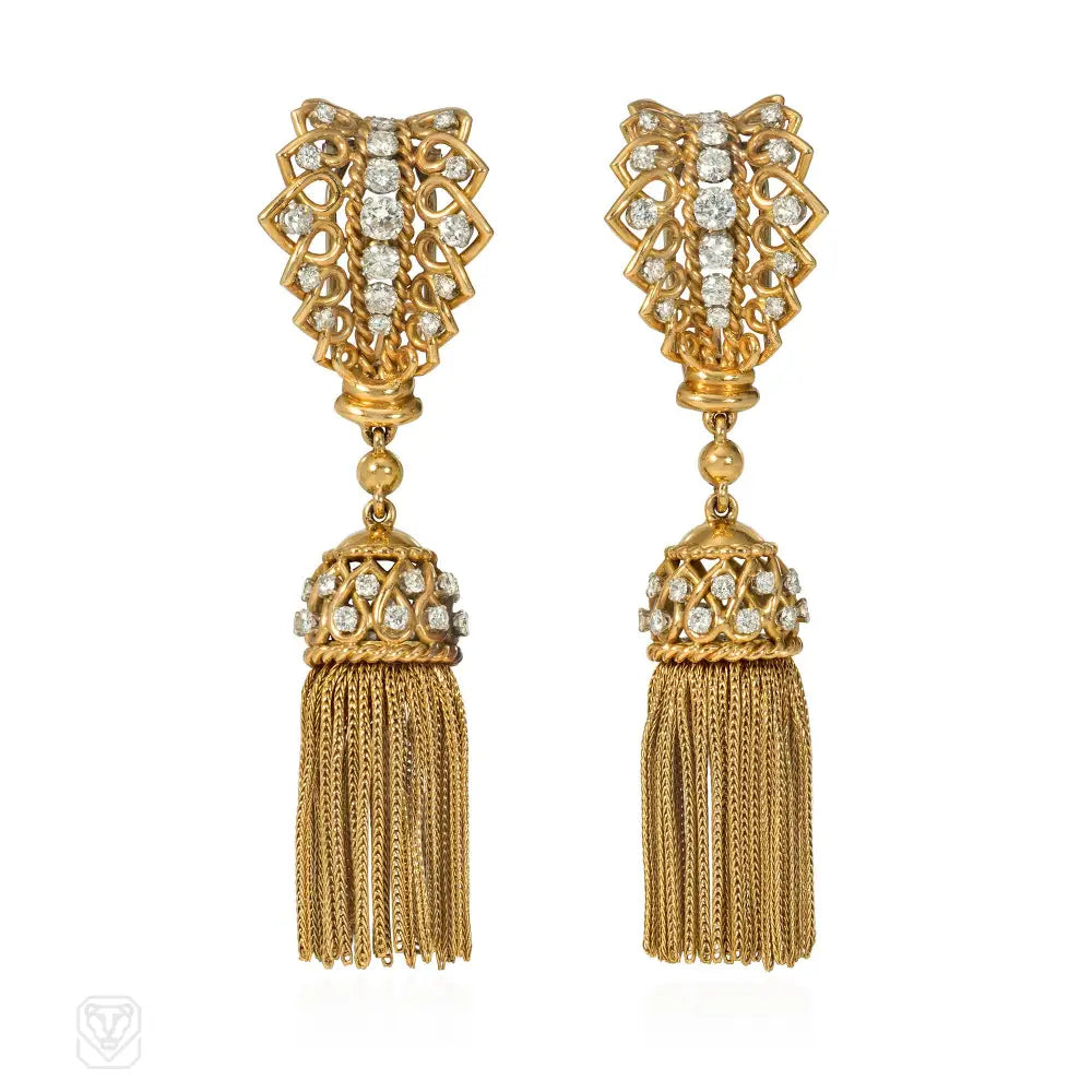 Personalized earrings for women-Mid-century gold and diamond tassel zipper earrings