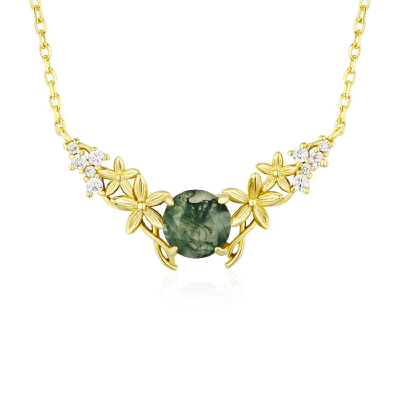 Women’s charm necklaces-Silver Leaf Moss Agate Necklace (Yellow Gold)