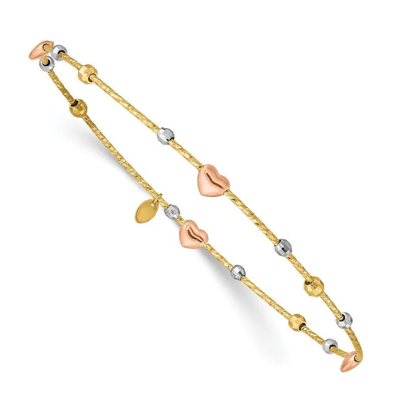 Women’s silver bracelets-14k Tri-color Heart Diamond-cut Slip-on Bangle