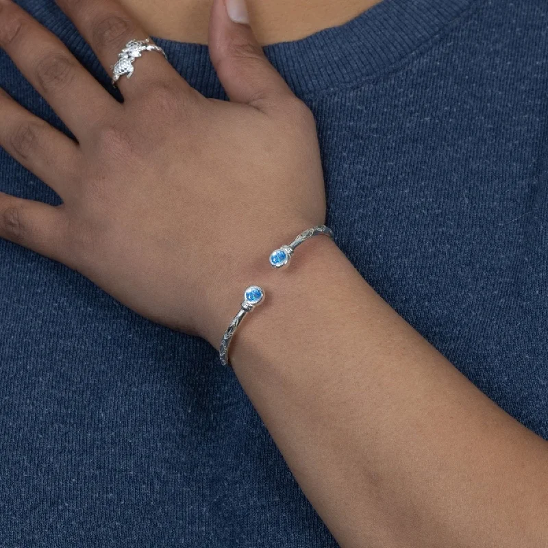 Women’s silver chain bracelets-Medium Bangle with Synthetic Aquamarine March Birthstone