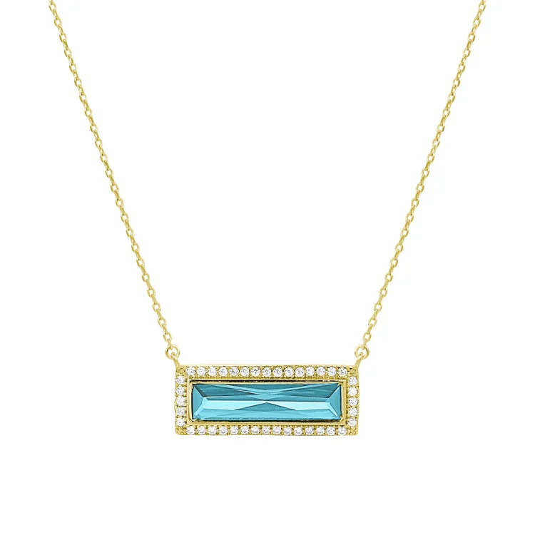 Women’s diamond heart-shaped necklaces-Gold Finish Sterling Silver Necklace with Rectangular Simulated Aquamarine Stone and Simulated Diamonds on 16" - 18" Chain