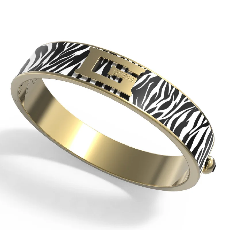 Women’s ethnic bracelets-Guess Gold Plated Foulard 12mm Zebra Print Large Bangle