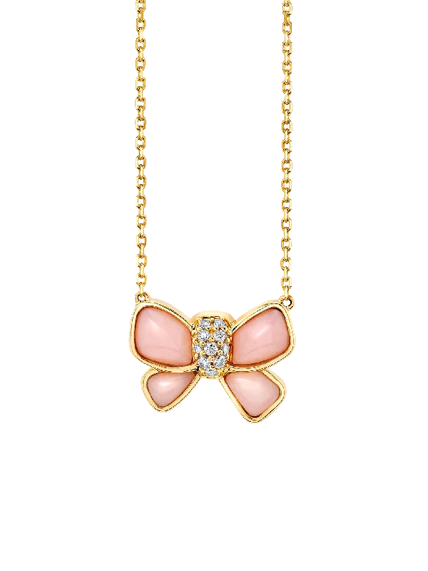 Women’s crystal necklaces-Hand Carved Bow Necklace - White Diamond and Pink Opal / 14k Yellow Gold