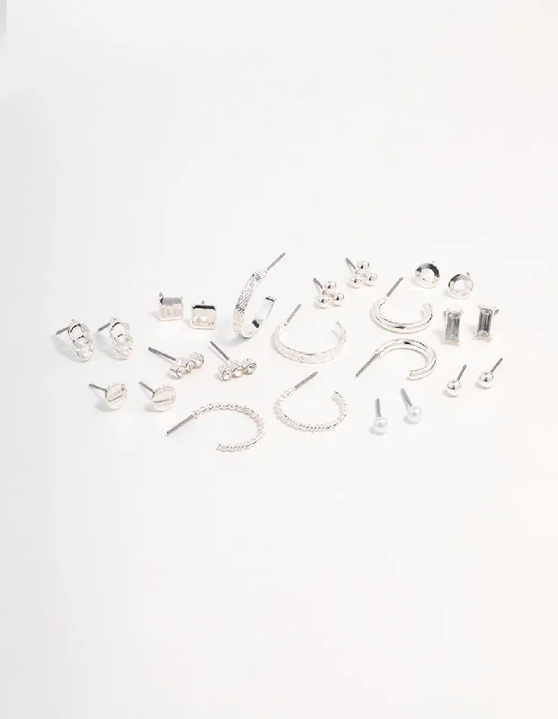 Women’s minimalist earrings-Silver Stud & Hoop Basic Earring Pack