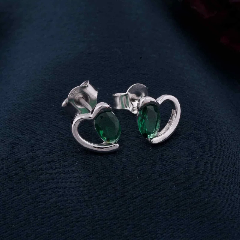 Women’s halo earrings-Silver Green Emerald Heart Love Stud