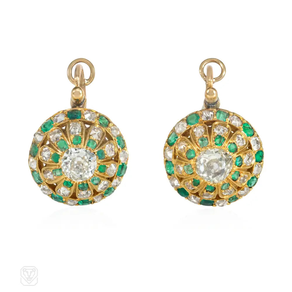 Women’s diamond hoop earrings-Antique gold, diamond, and emerald dormeuse earrings