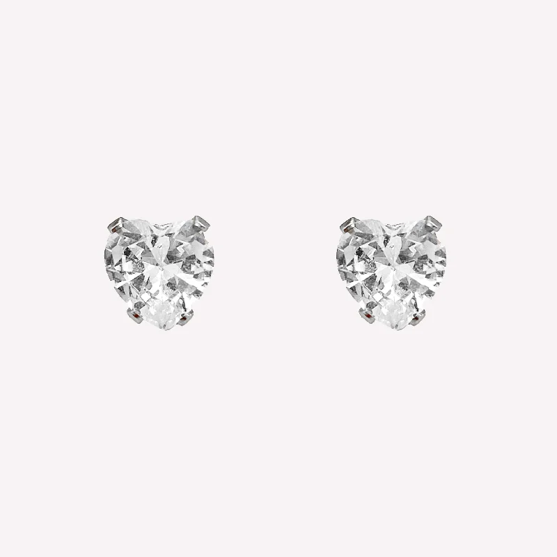 Women’s art deco earrings-HEART RHINESTONE STUD CLIP-ON EARRINGS IN SILVER