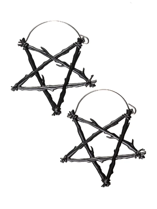 Women’s pearl earrings-Black Pentagram Dangle Hoop Steel Earrings