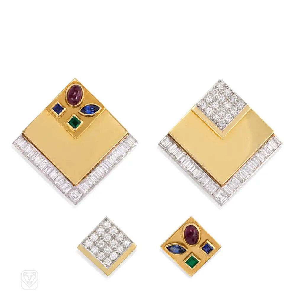 Women’s ear cuffs with crystals-Gold and diamond earrings with interchangeable square inset