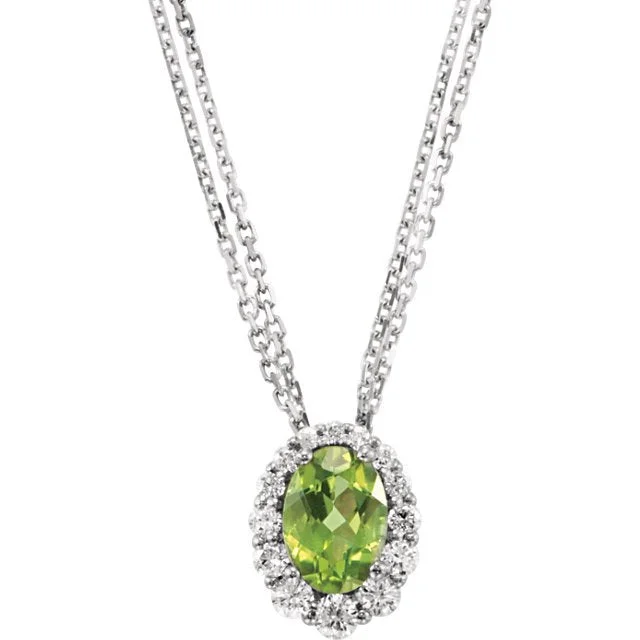 Women’s layered crystal necklaces-14KT WHITE GOLD 0.90CT PERIDOT & 1/4 CTW DIAMOND HALO 18" NECKLACE