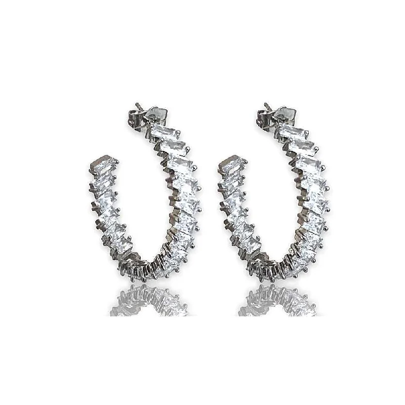 Women’s silver earrings-Crystal Hoop Earrings with Emerald Cut AAA+ Cubic Zirconia