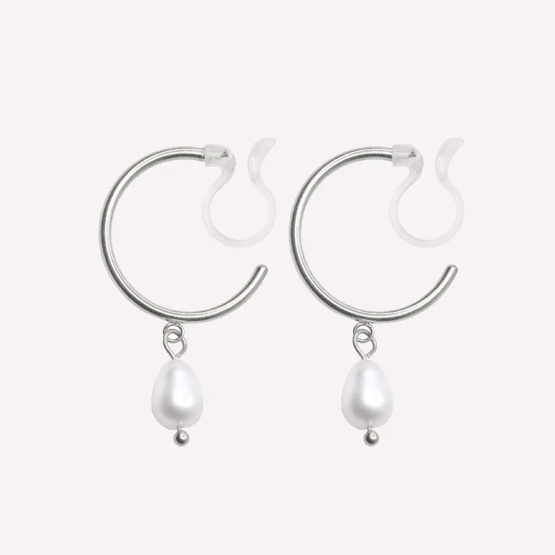 Women’s ear cuffs-PEARL DANGLE SMALL HOOP CLIP-ON EARRINGS IN SILVER