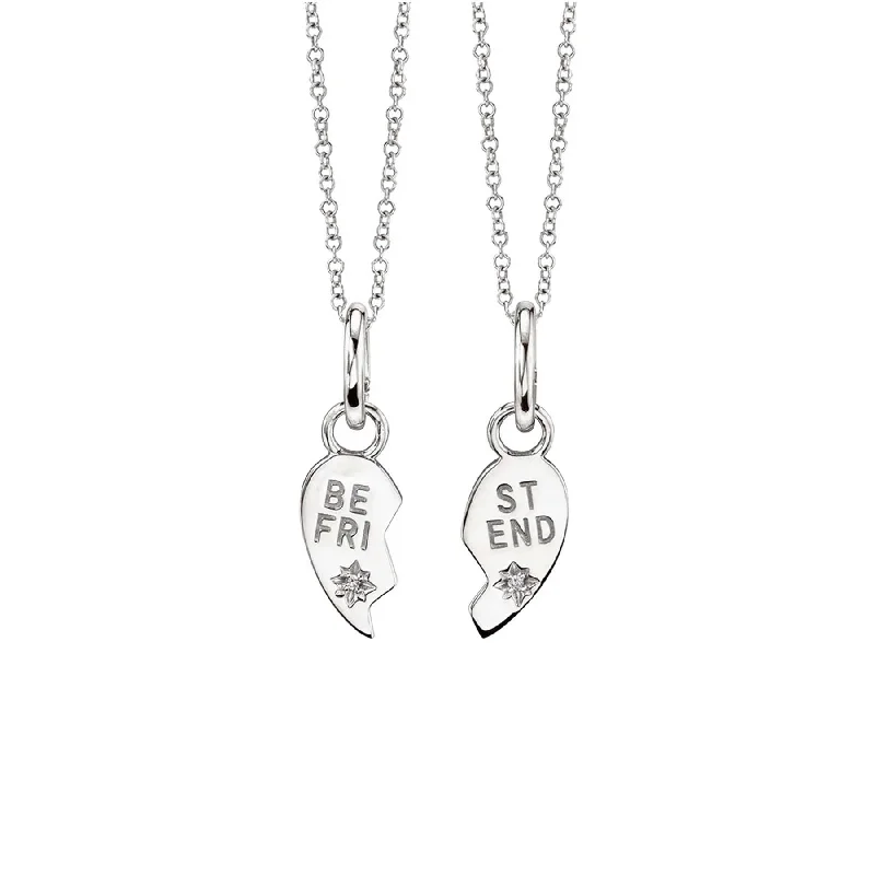 Women’s snake chain necklaces-Best Friends Heart Pendant Set - White Diamond / 14k White Gold