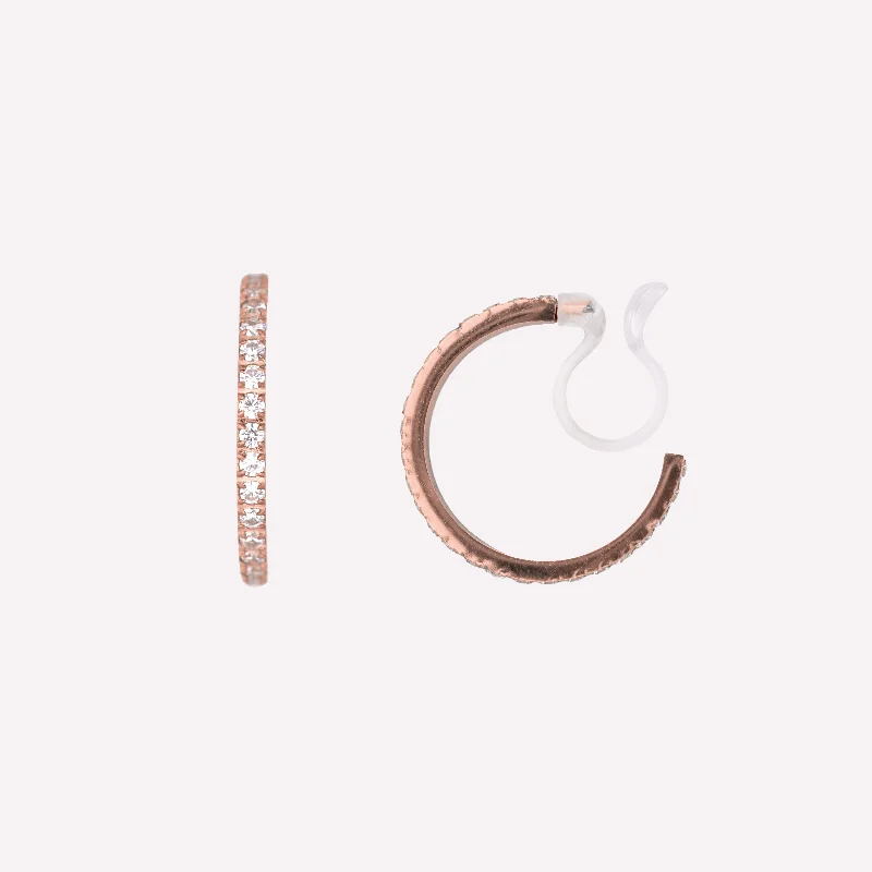 Women’s gold stud earrings-PAVE CUBIC ZIRCONIA HOOP CLIP-ON EARRINGS IN ROSE GOLD