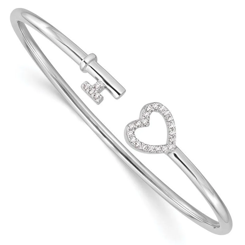 Women’s multi-color bangles-Sterling Silver Rhodium-plated CZ Heart and Key Flexible Bangle