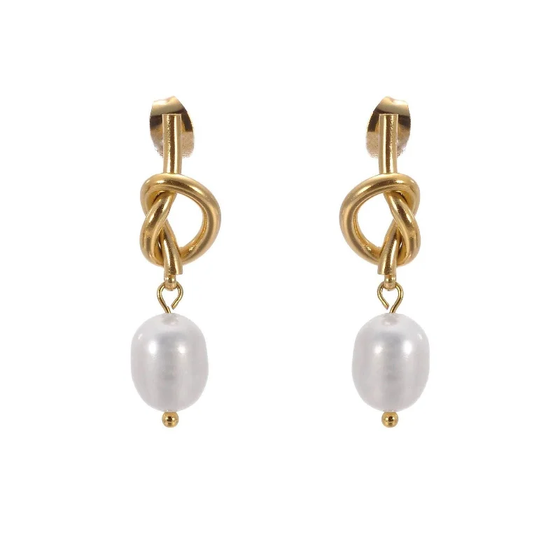 Women’s tribal earrings-Knot Earrings with Pearl Dangle