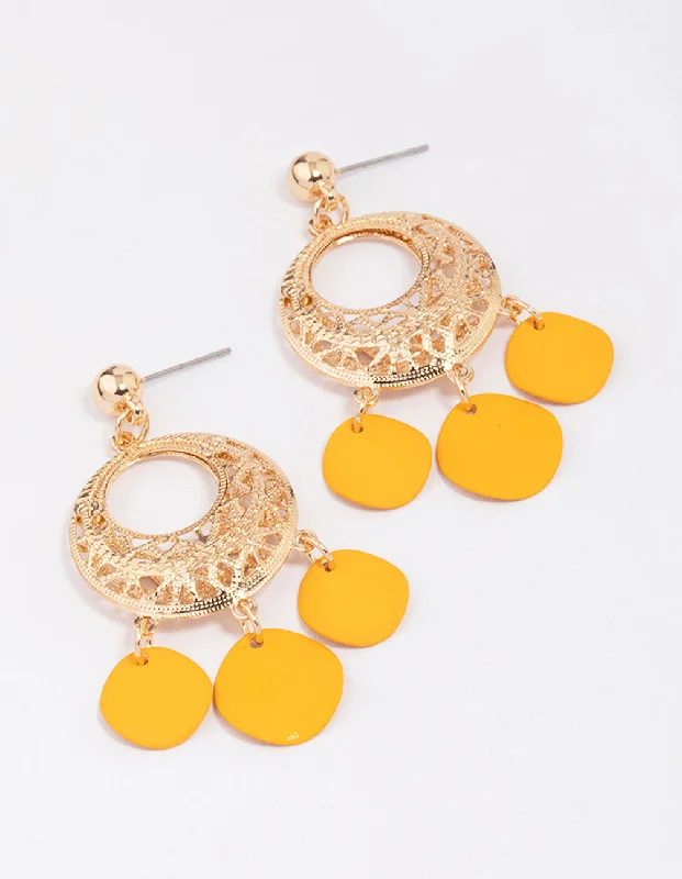 Women’s infinity earrings-Gold Filigree Disc Drop Earrings