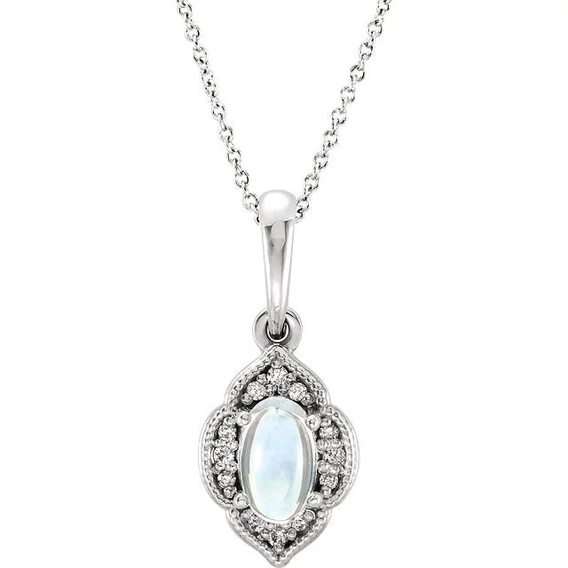 Women’s gemstone heart necklaces-14KT GOLD 1/4 CT MOONSTONE & .03 CTW DIAMOND CLOVER NECKLACE