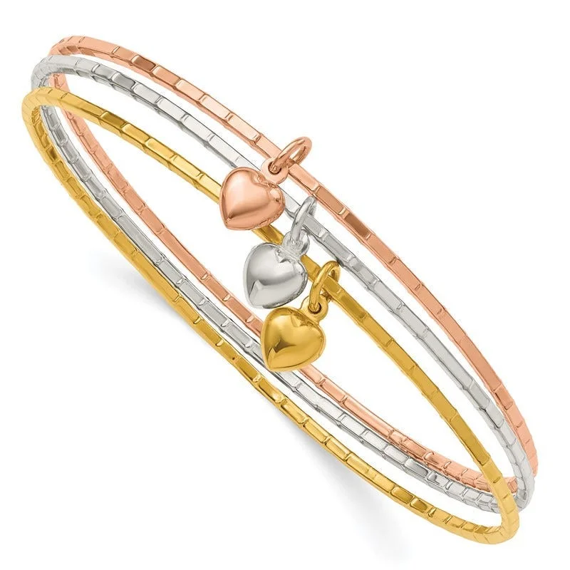 Women’s colorful beaded bracelets-Sterling Silver/Gold-tone/Rose-tone w/Puffed Heart Bangle Set