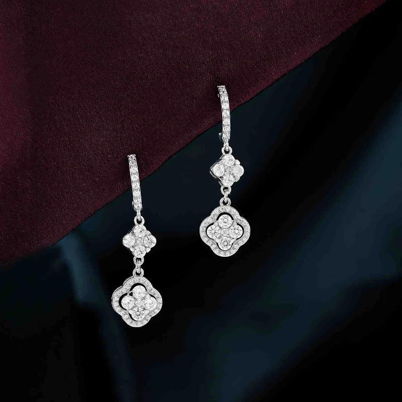 Women’s drop earrings-Silver Floral Clover CZ Studded Earrings